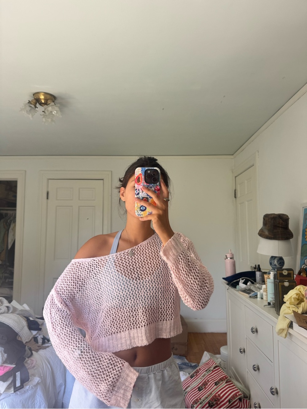 Light Pink Open-Knit Cropped Sweater - Unbranded